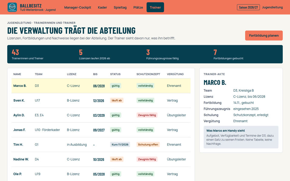 Trainer- und Sichtungsbereich in der App